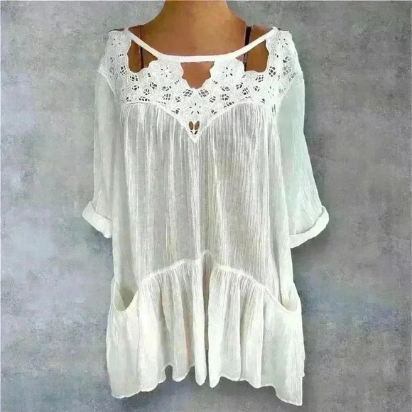 Free People Sz S Sun Moon Tunic Dress Ivory Mini Ruffle Embroidery Prairie Fairy - Picture 2 of 15